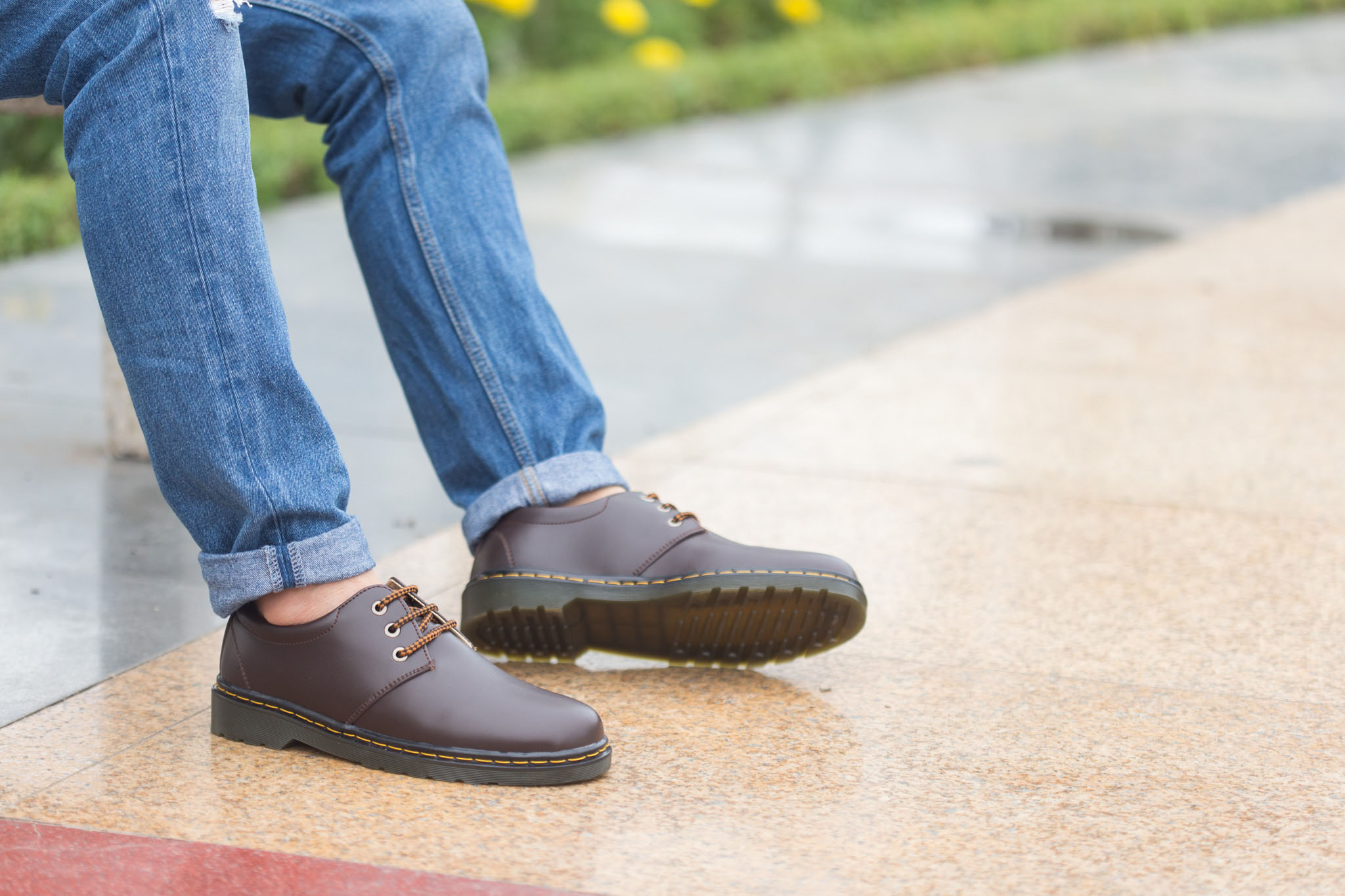 Giày Dr Nam Ngắn Cổ Đế Khâu Da Trơn Nâu - Giày Đốc Nam - M353(T)-NAU