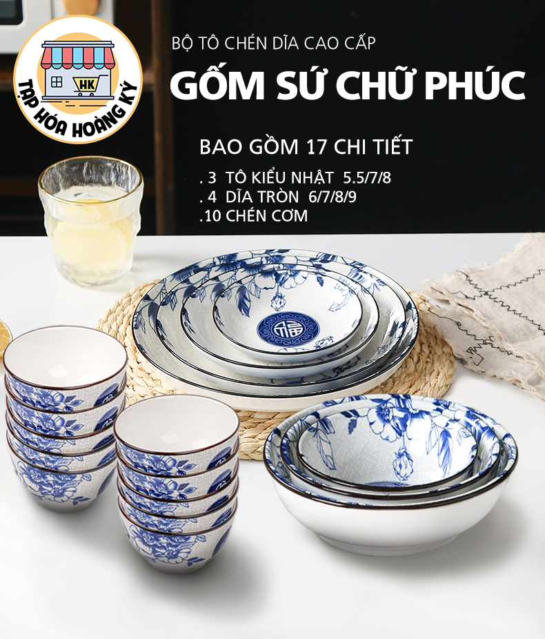 Bộ tô, chén, dĩa gốm sứ hoa văn Chữ Phúc