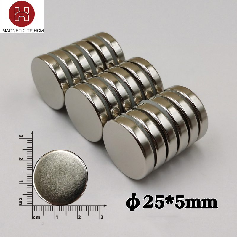 Nam châm tròn 25x5mm trắng đất hiếm lực hút siêu mạnh, viên nam châm tròn D25x5 mạ niken, nam châm trắng chuẩn kích thước lực từ N35