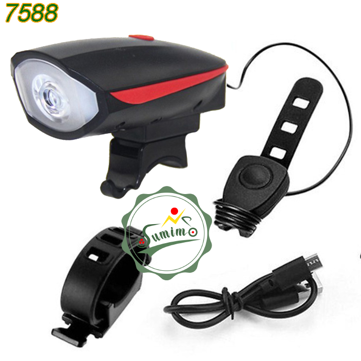 Đèn xe đạp - đèn pha 7588 tích hợp còi sạc bằng usb - chính hãng