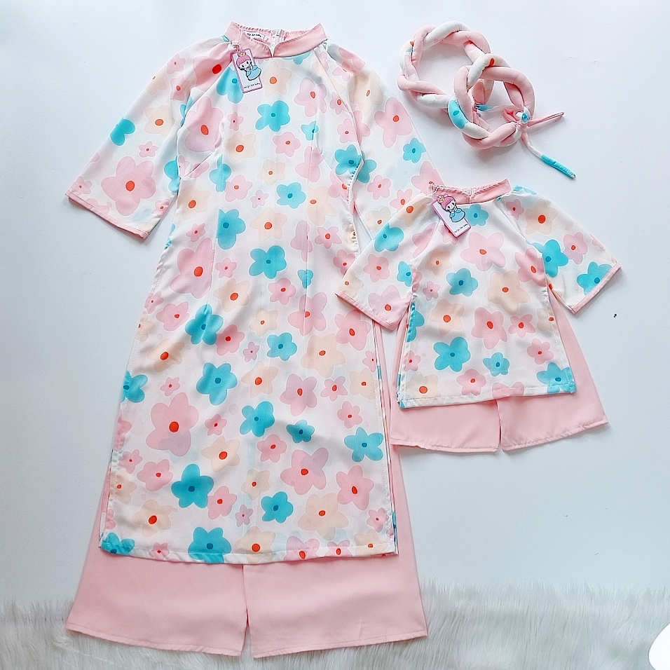Áó Dài Hồng Cách tân HOA ANH ĐÀO lụa mago  KÈM MẤN  ĐỦ SIZE BÉ MẸ