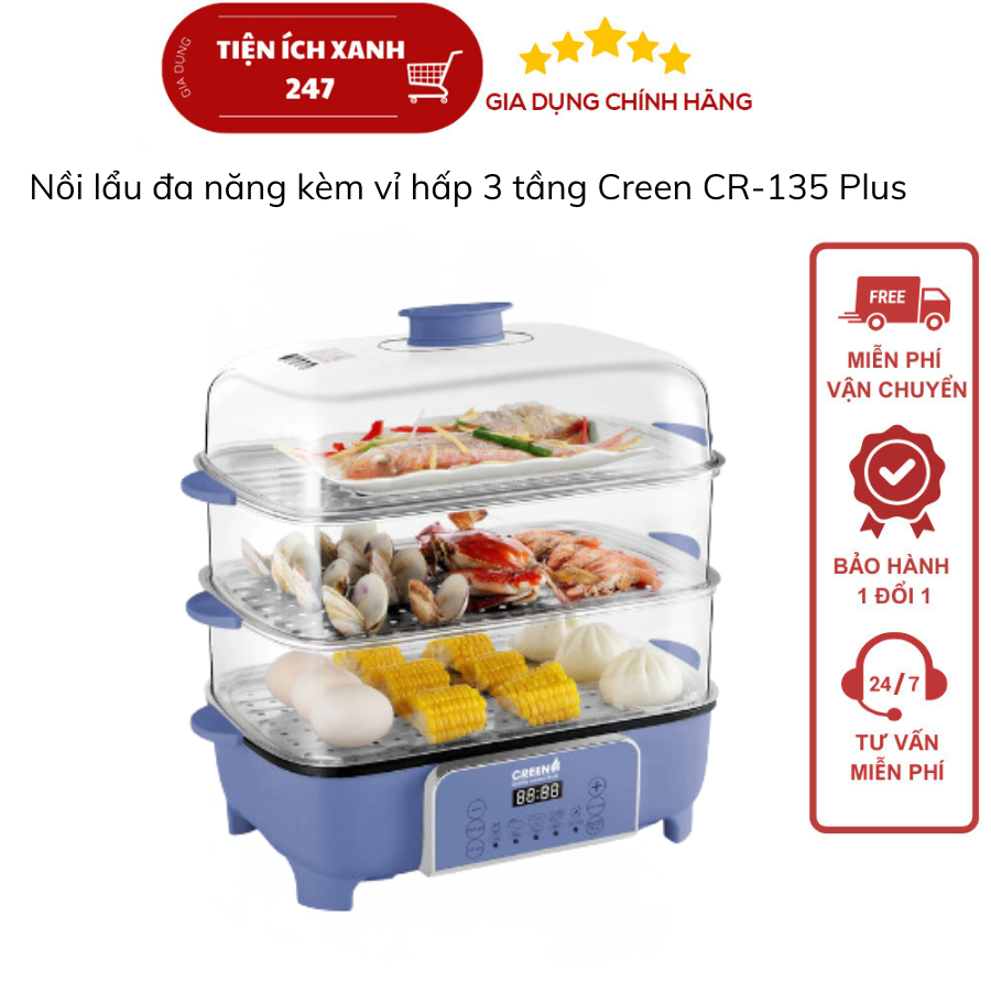 Nồi lẩu đa năng kèm vỉ hấp 3 tầng creen cr-135 plus, bảo hành 12 tháng