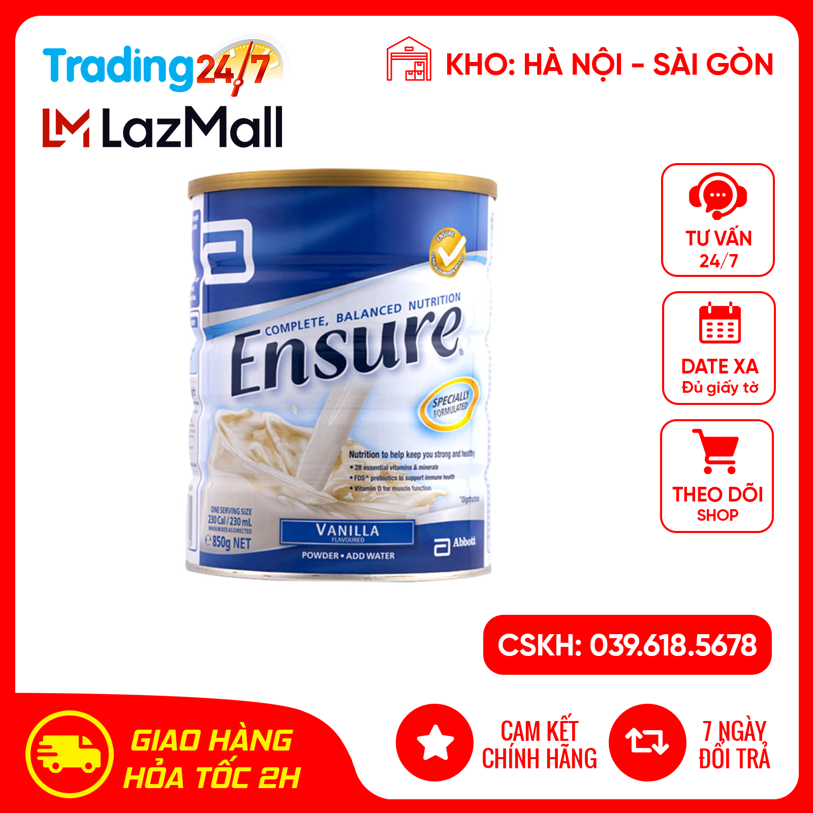 Lon sữa Ensure Úc hương Vị Vani 850gr