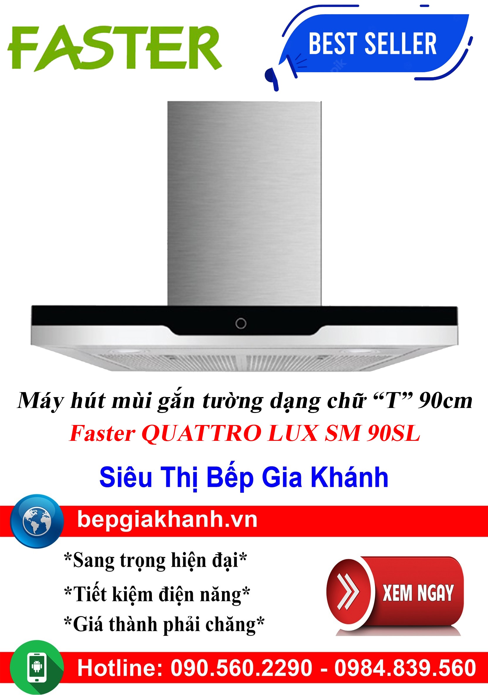 [HCM]Máy hút mùi dạng phẳng 90cm Faster QUATTRO LUX SM 90SL, máy hút mùi nhà bếp, máy hút mùi bếp, m