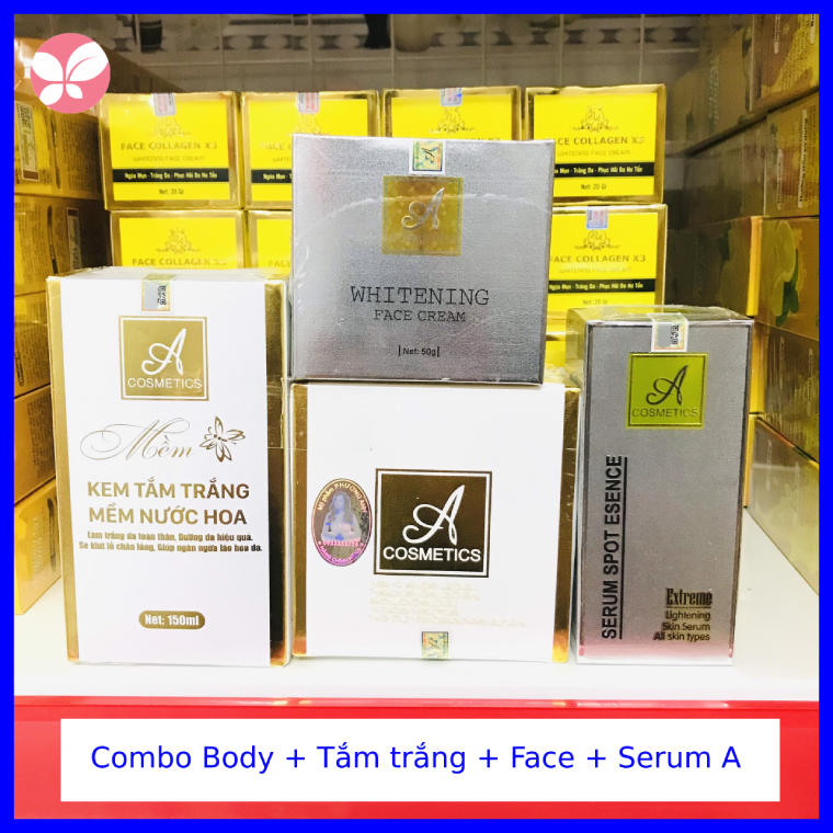 Combo Kem Body Mềm nước hoa + Kem tắm trắng Mềm nước hoa + Kem Face Pháp A + Serum Spot A Phương Anh Chính hãng