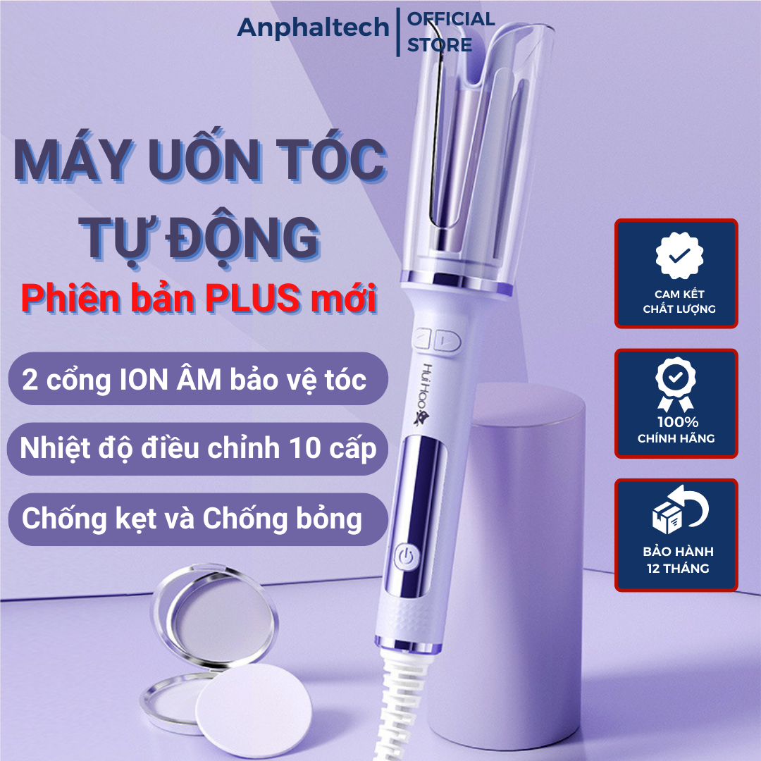Máy uốn tóc tự xoay huihao, máy làm tóc xoăn tự động xoay 360 độ tích hợp ion âm hiển thị nhiệt độ, điều khiển 10 cấp độ
