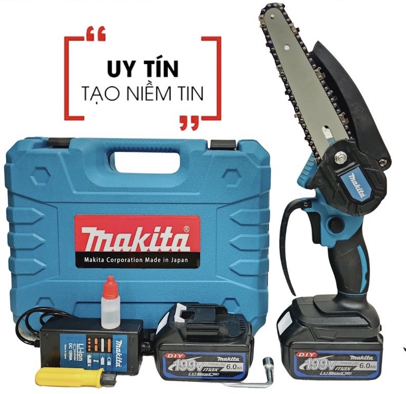 Máy cưa xích pin mkt động cơ từ không chổi than 199v kèm 2pin 10 cell, lam dài 6 inch