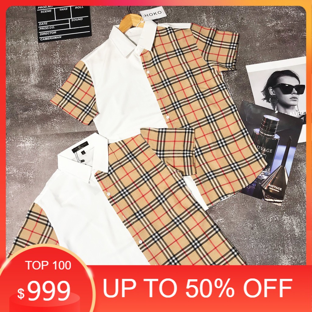 Áo sơ mi nam áo sơ mi nam nữ áo sơ mi tay ngắn burberry kẻ sọc 2 màu fs fashion
