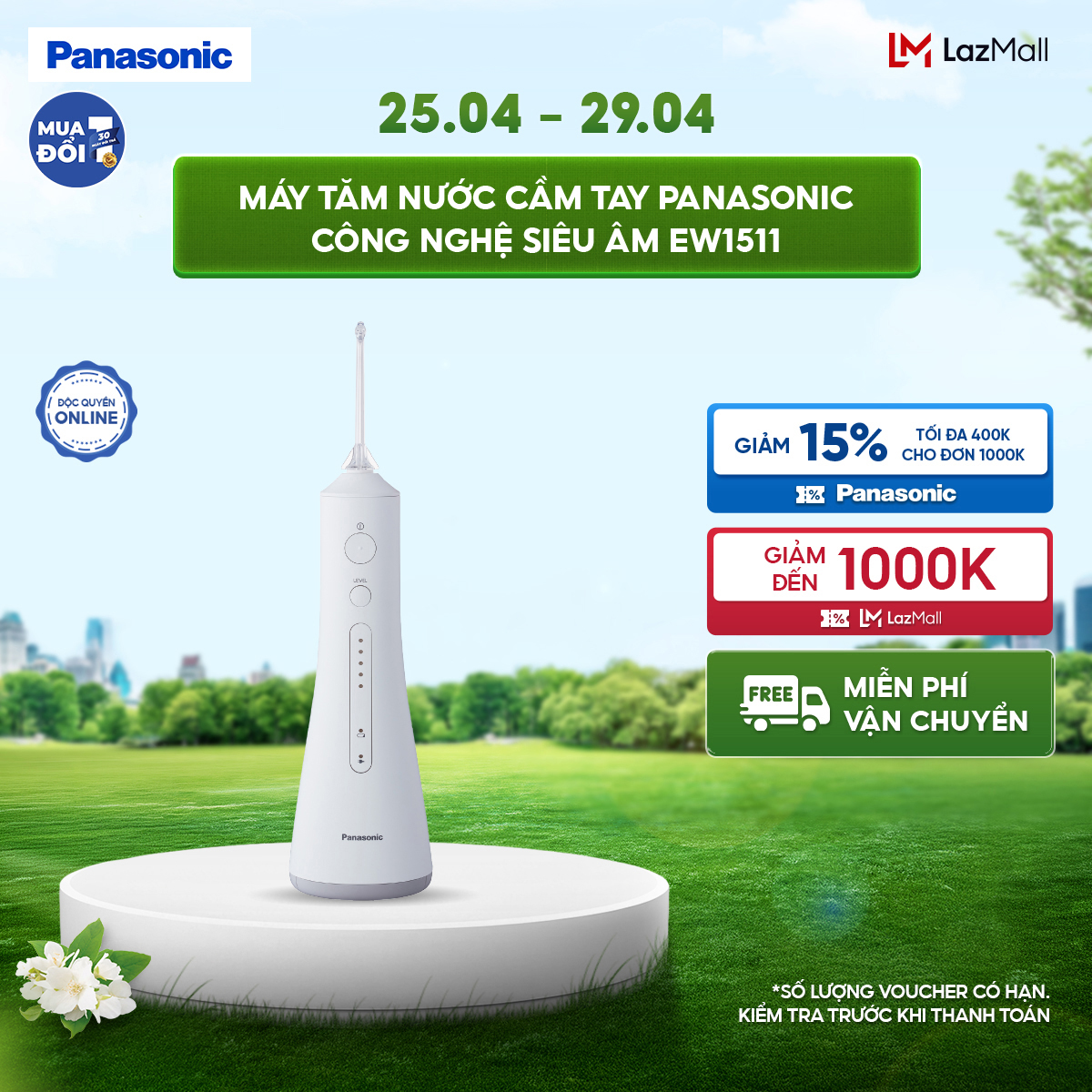 [Thu thập voucher 12% tối đa 500k] Máy Tăm Nước Cầm Tay Panasonic Công Nghệ Siêu Âm EW1511 - Làm Sạch Kẽ Răng Túi Nha Chu, Mát Xa Nướu - 5 Chế Độ - Bảo Hành Chính Hãng 12 tháng