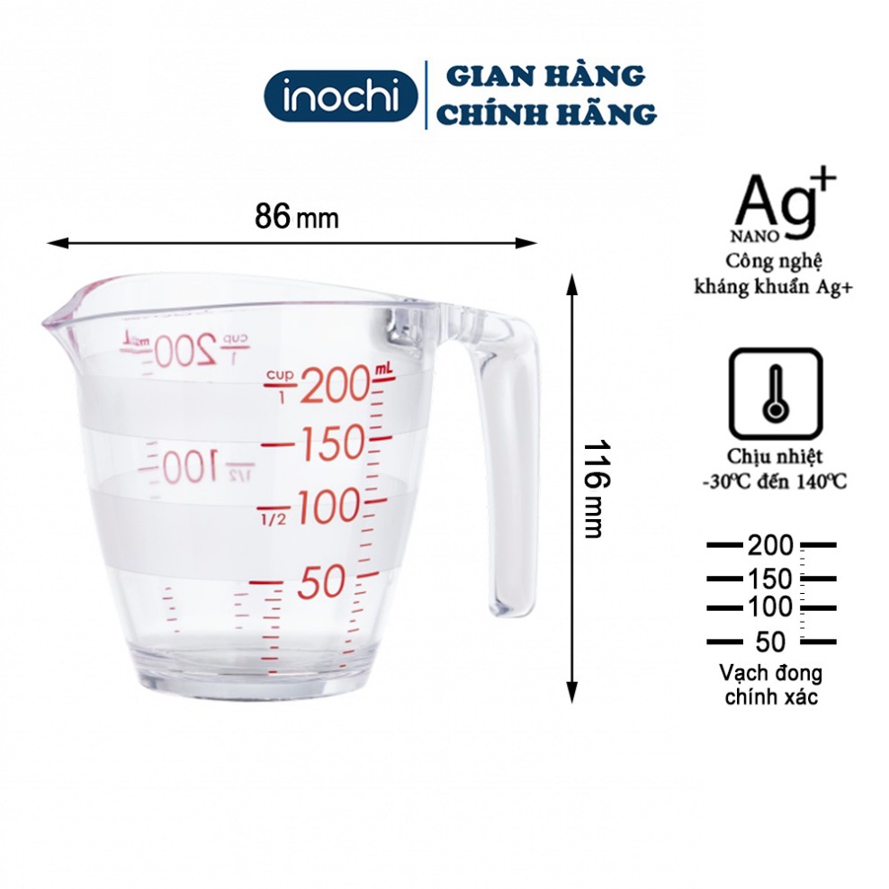 [ 2 size ] Cốc đong chia vạch INOCHI Yoko 500ml, 200ml hàng xuất NHẬT chịu lực tốt và chịu nhiệt nhựa SAN nguyên sinh không chứa BP