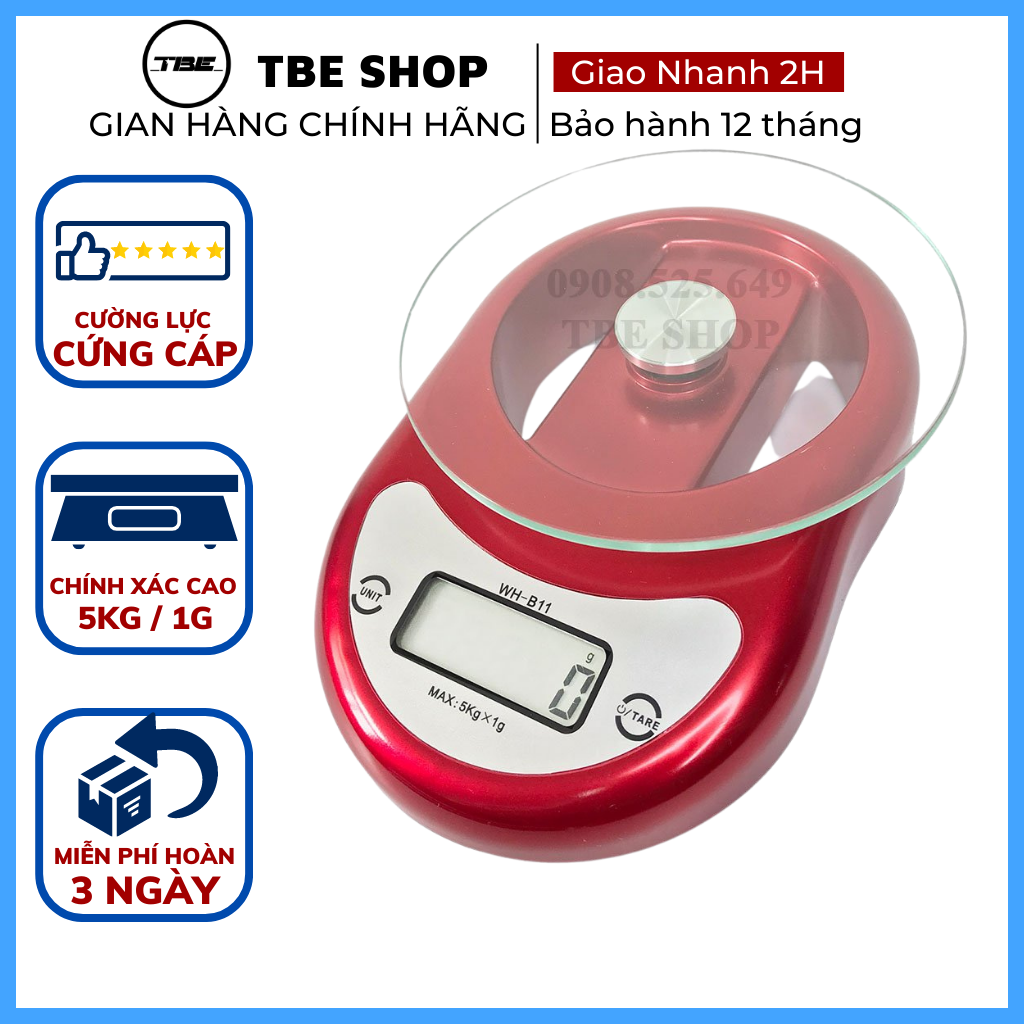 Cân Điện Tử Mini 5kg WH B11 Tính Năng Trừ Bì Mặt Kính Cường Lực Độ Chính Xác Cao - Bảo Hành 1 Năm ( Màu đỏ )