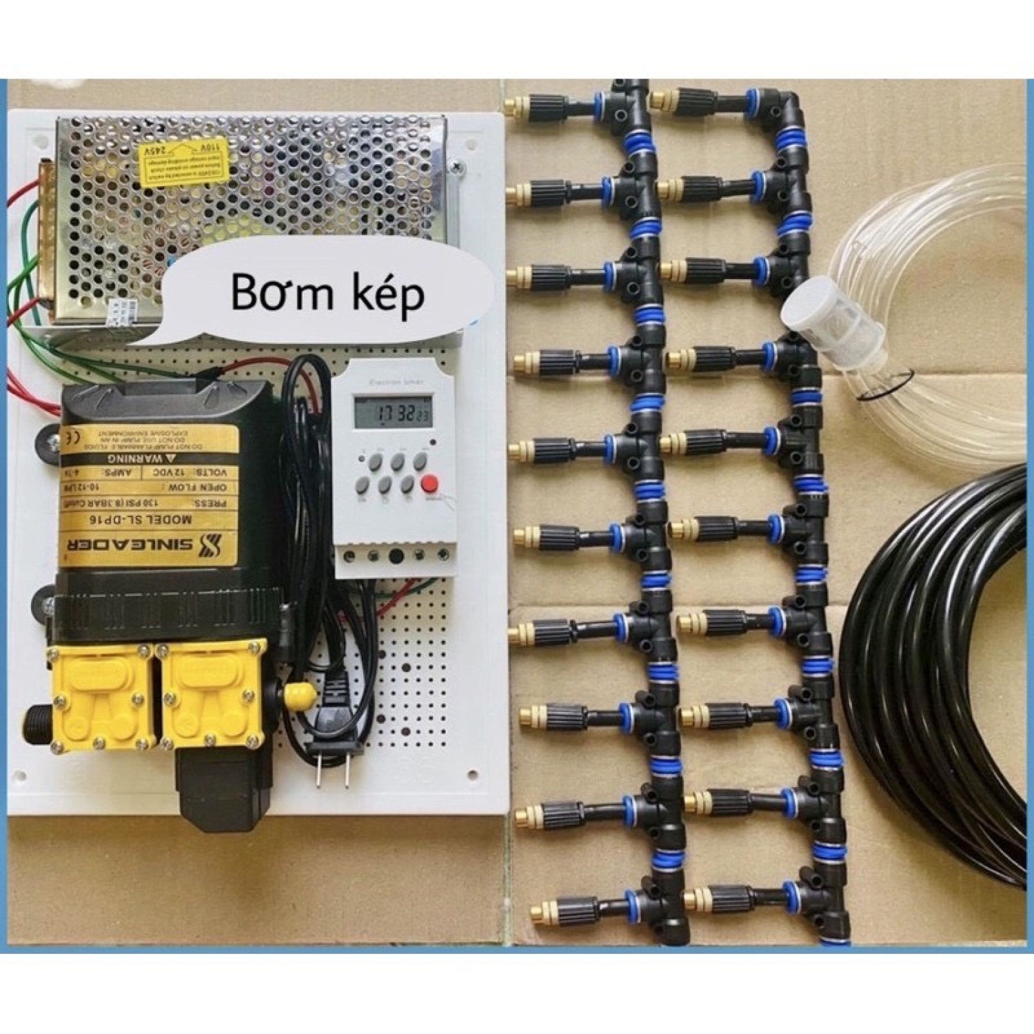 Bộ phun sương 11 béc đồng có kèm bơm 12v và timer hẹn giờ