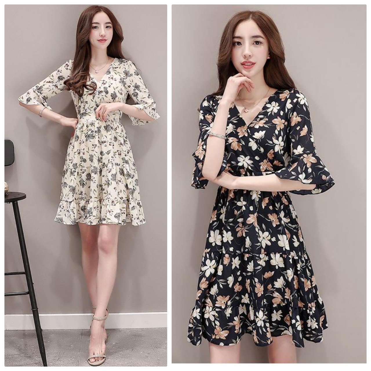 Đầm Hoa Cổ V Tay Ngắn Dễ Thương NGOCTRANSHOP - NT1110