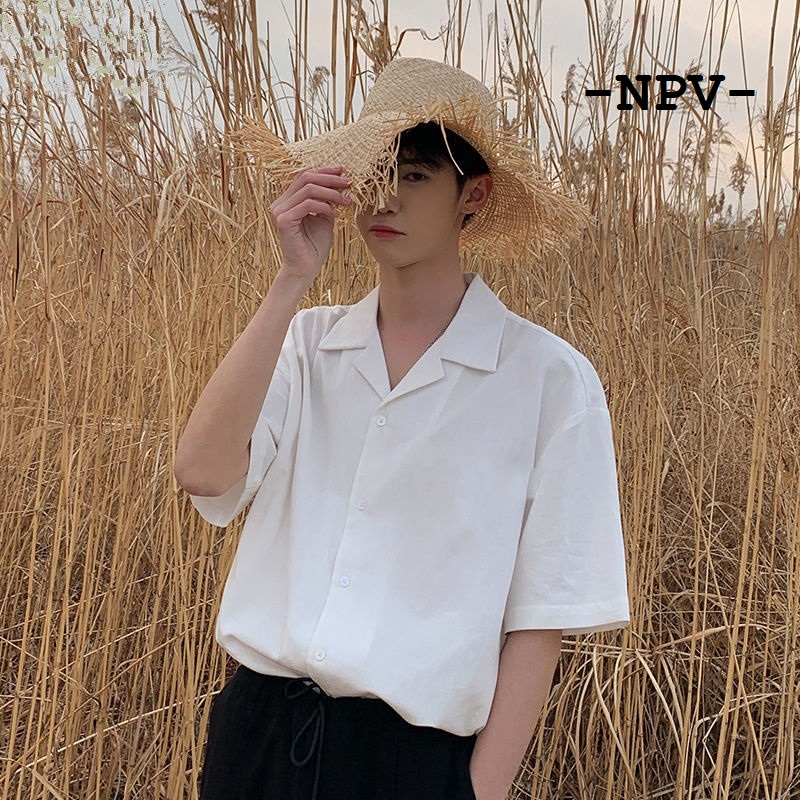 Áo sơ mi ngắn tay nam nữ cổ vest npv trắng đen nâu - sơ mi tay ngắn form rộng cổ vest