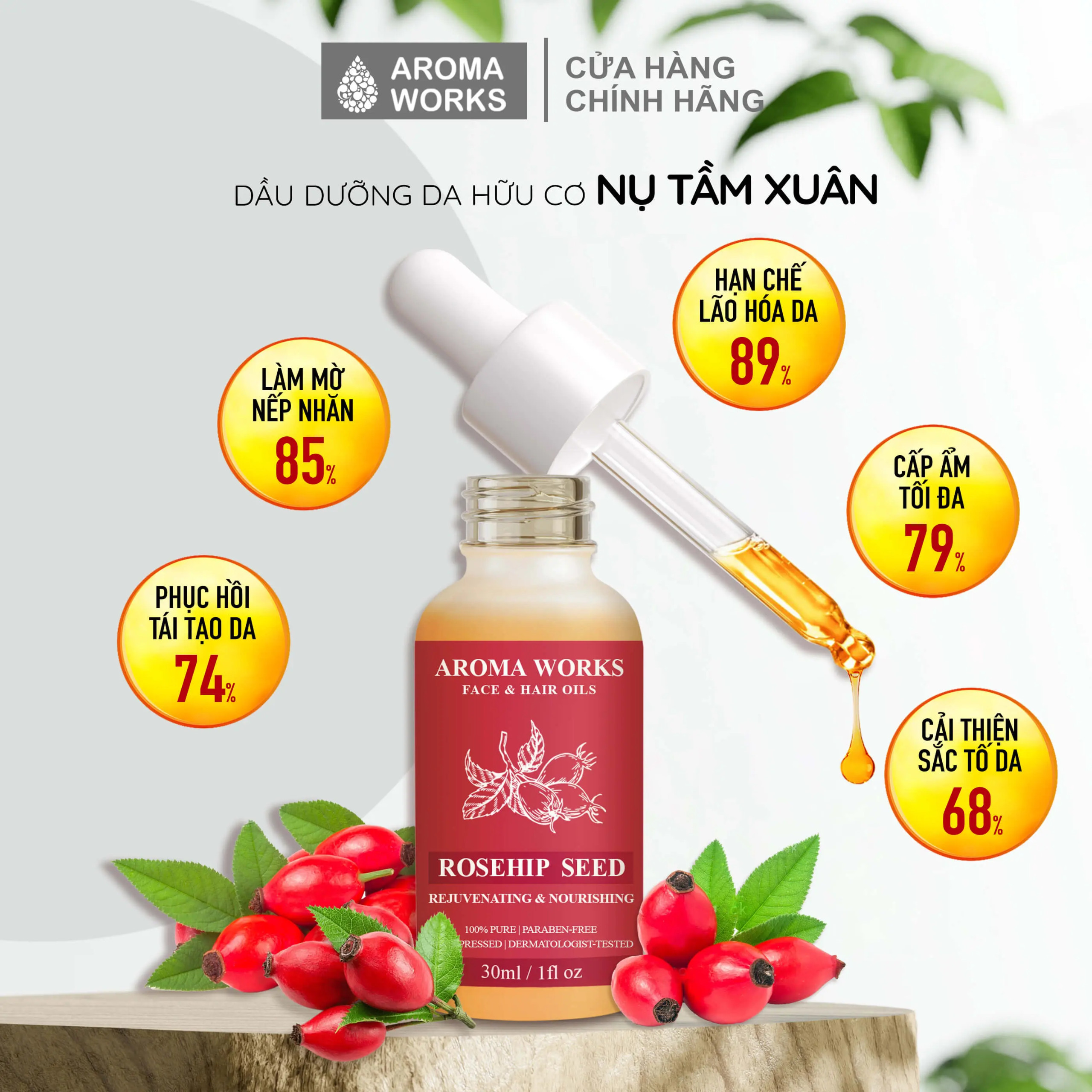 Dầu Nụ tầm xuân Aroma Works Organic Rosehip Seed Face & Hair Oil dưỡng da, cấp ẩm, làm mờ da rạn nứt