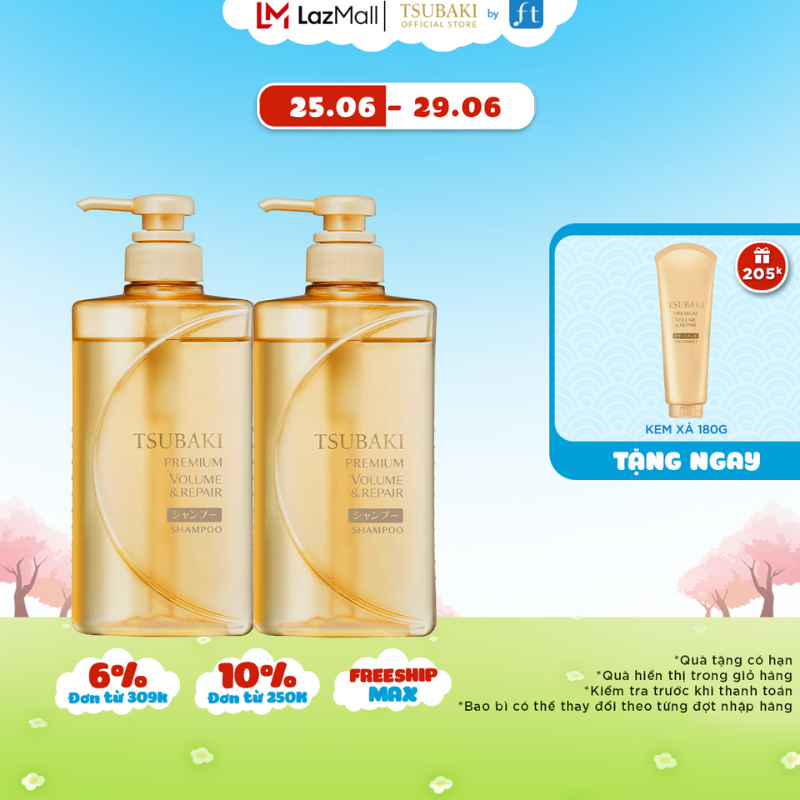 Bộ đôi Gội Phục hồi hư tổn ngăn rụng tóc Tsubaki Premium Repair Shampoo 490mlx2