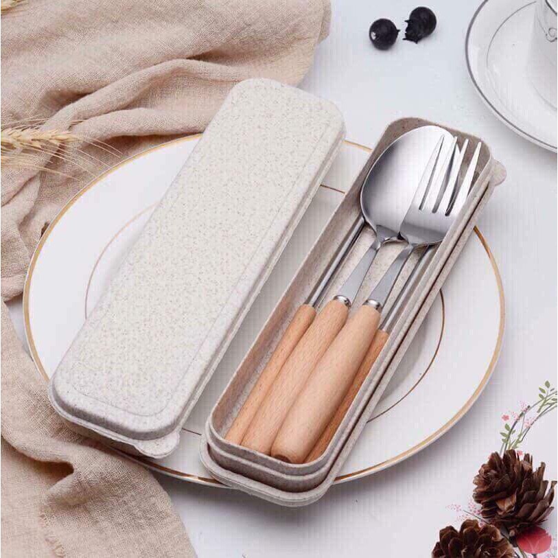 Bộ thìa nĩa đũa lúa mạch có hộp