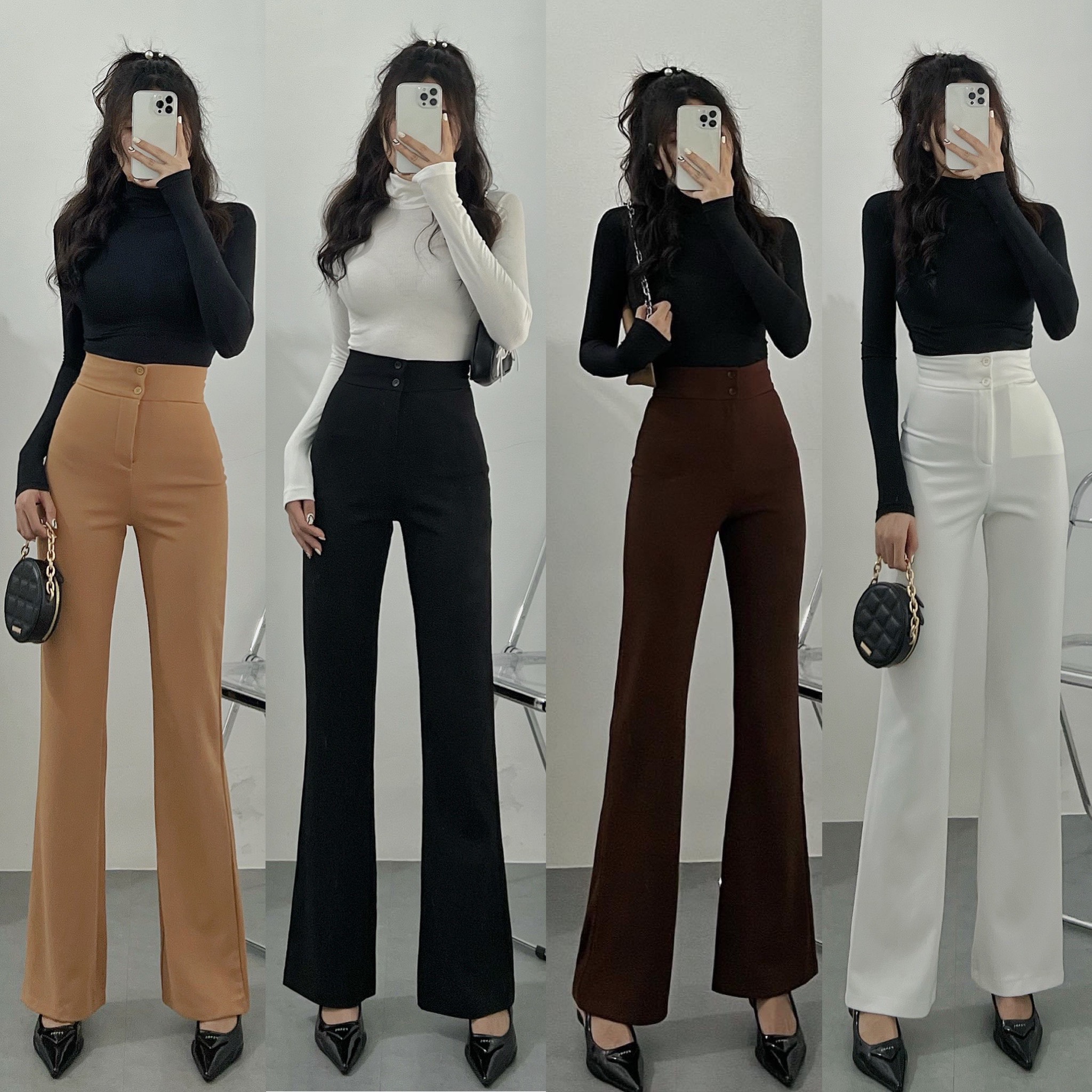 Quần loe 2 nút lưng cao dáng dài hh vintage cao cấp