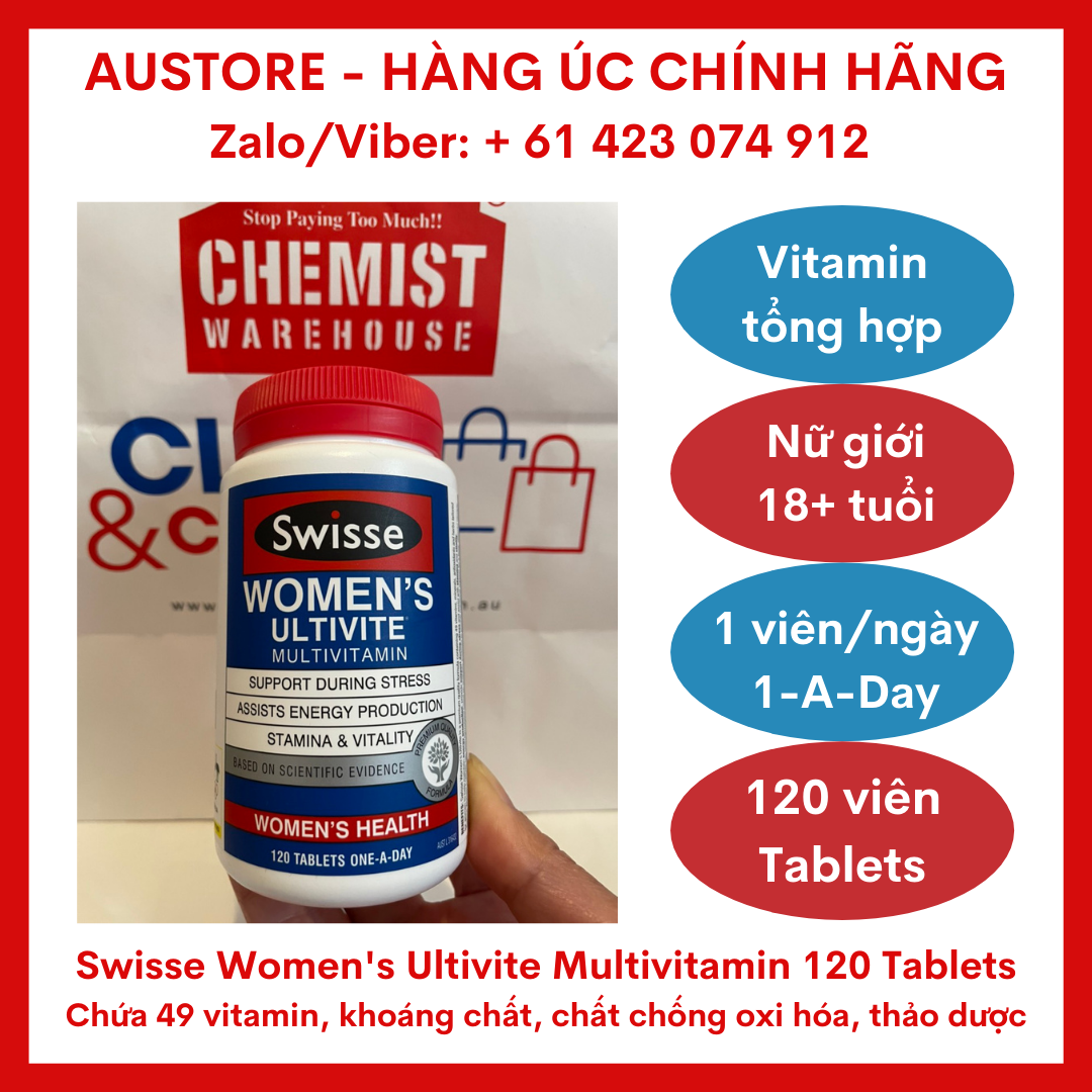 [Bill Úc, Date mới] Swisse Women's Ultivite Multivitamin 120 Tablets - Vitamin tổng hợp cho nữ Swisse 1 viên/ngày giúp tăng cường năng lượng, hỗ trợ sức khỏe miễn dịch & phản ứng với căng thẳng