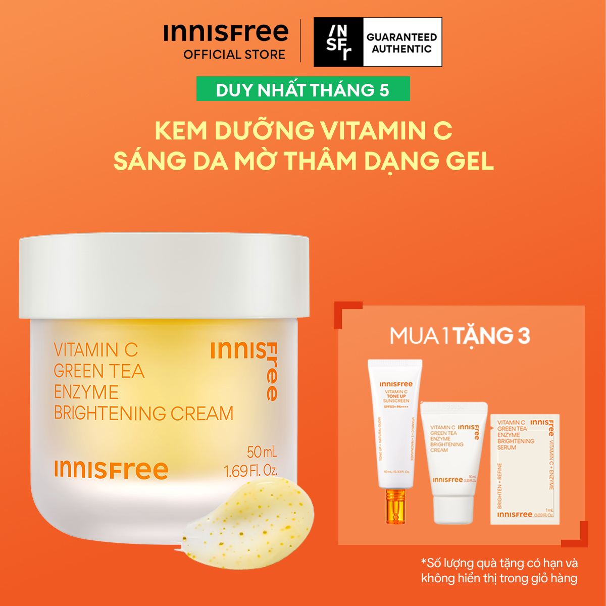 Kem dưỡng Vitamin C sáng da, mờ thâm dạng gel INNISFREE Green Tea Enzyme Brightening Cream 50ml