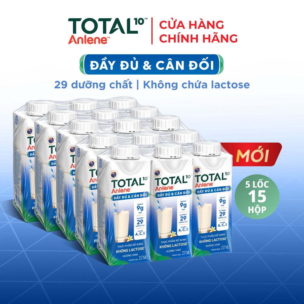 Combo 5 Lốc 15 hộp sữa nước Anlene Total 10 Không Lactose hương Vani (15 hộp x 237ml)