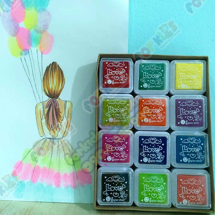 Màu vẽ tranh VÂN TAY an toàn cho bé, bộ 12 màu tặng 5 tranh DỄ THƯƠNG, màu tô tranh, đồ chơi cho bé