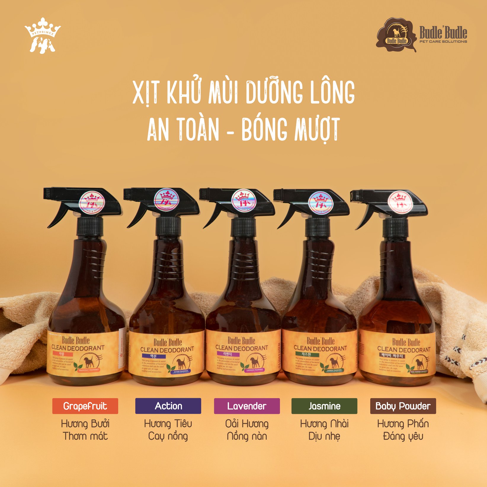 Xịt khử mùi dưỡng lông cho chó mèo hương phấn baby powder budle budle 530ml