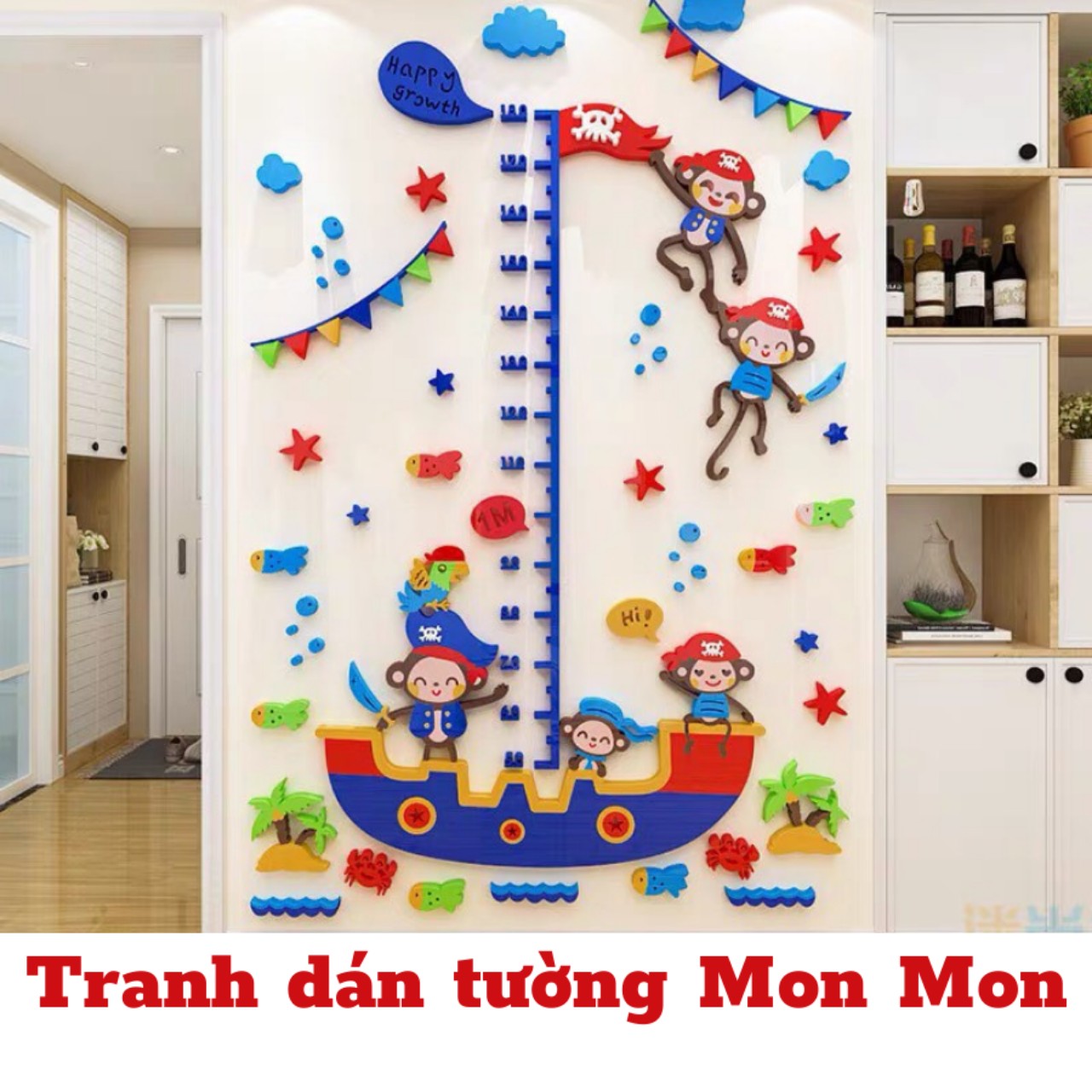Tranh dán tường Mon Mon - Decal mica thước đo chiều cao cho bé hình đoàn tàu
