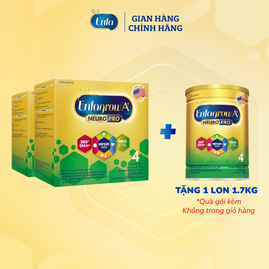 [Tặng 1 lon 1.7kg] Bộ 2 hộp sữa bột Enfagrow A+ Neuropro 4 với DHA giúp phát triển não bộ cho trẻ từ 2–6 tuổi– 2.2kg/hộp