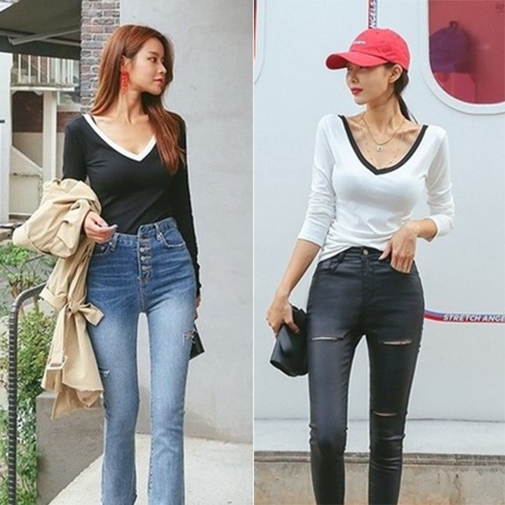 Áo thun dài tay cổ tim phối viền XINSO