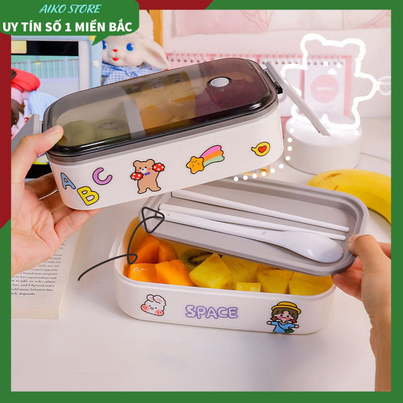 [ TẶNG ĐŨA THÌA + STICKER ] Hộp Đựng Cơm Văn Phòng, Cặp Lồng Đựng Cơm Văn Phòng 2 Tầng Hàn Quốc, Dùng Được Cho Lò Vi Sóng ( giao màu ngẫu nhiên )