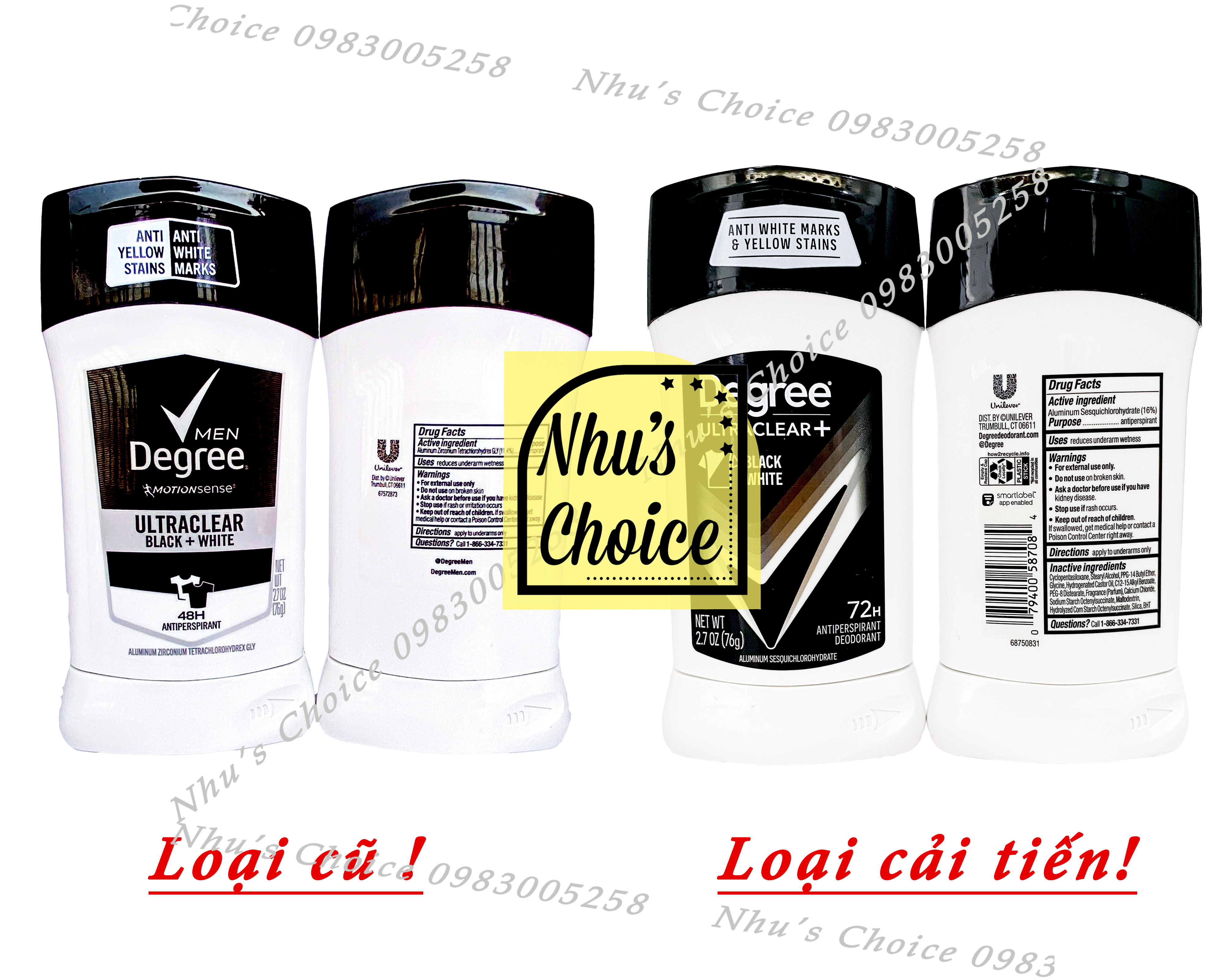 [Nhu's Choice] 1 cây Lăn khử mùi Degree Nam chống mồ hôi ố vàng suốt 48 giờ (76g) Ultra Clear Black + White Solid