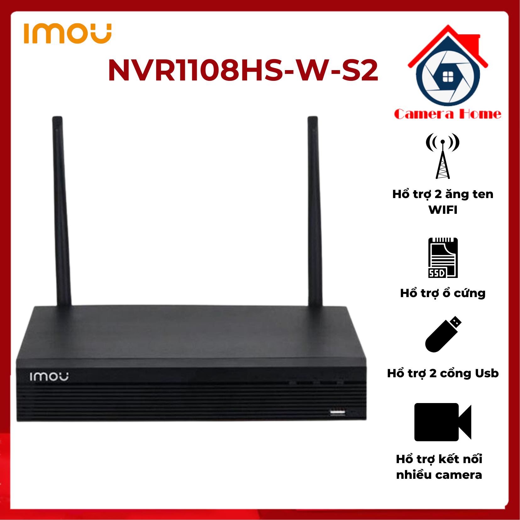 [BÁN LẺ - GIÁ SỈ] Đầu Ghi Hình Wifi Imou 8 Kênh NVR1108HS-W-S2 - Hổ Trợ 2 Ăng Ten WIFI, Hổ Trợ 2 Cổng Usb 2.0, Hổ Trợ Ổ Cứng, Kết Nối Nhiều Camera - Camera Home
