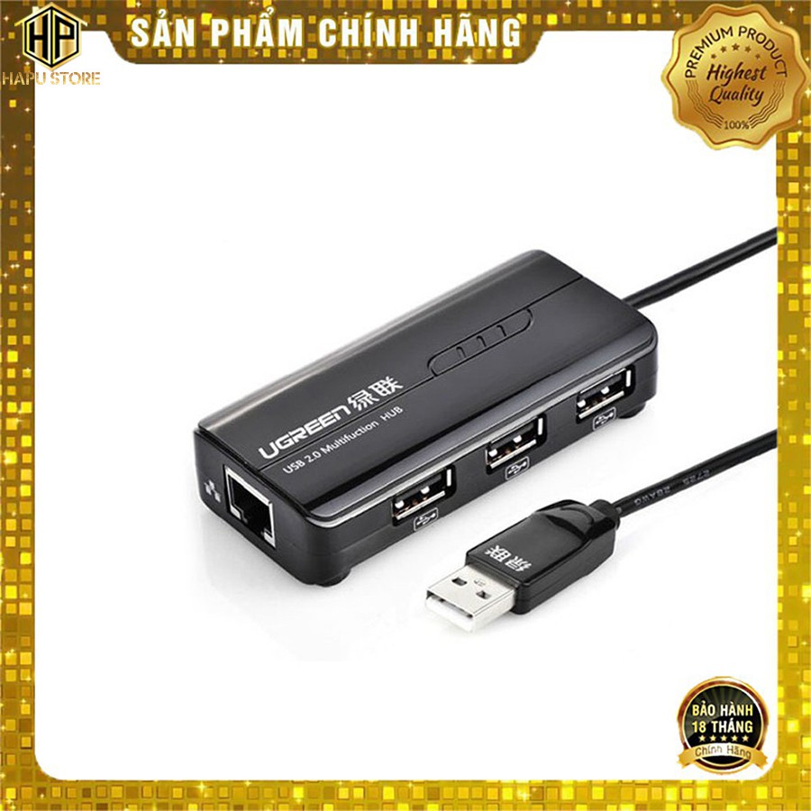 HUB 3 cổng USB 2.0 kèm cổng mạng LAN Ugreen 20264 tốc độ 10/100Mbps cao cấp - HapuStore
