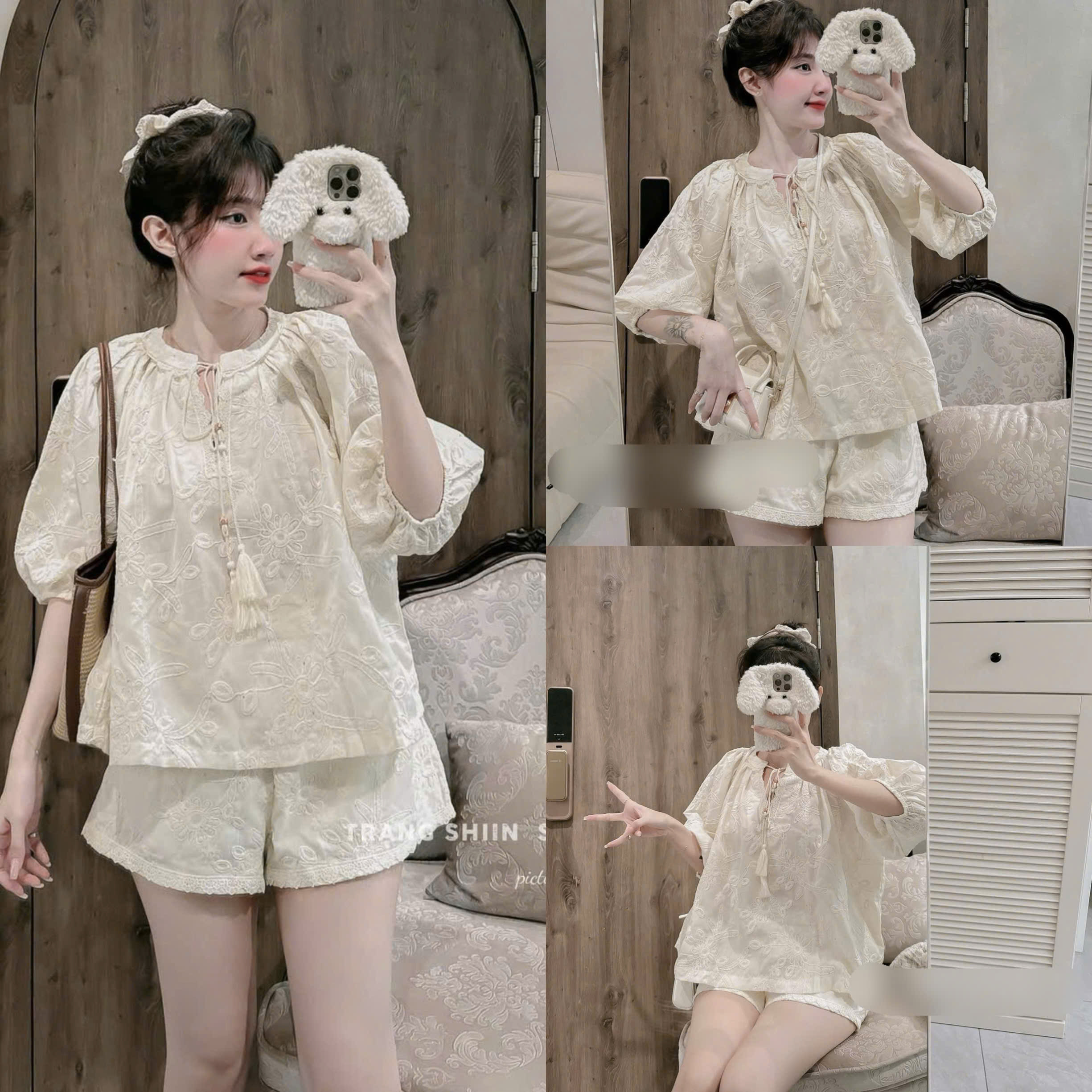 Set bộ đùi dễ thương thời trang nữ chất Thô ren cổ tròn cột dây tay ngắn form áo rộng thêu hoa 2 lớp phối quần ống rộng