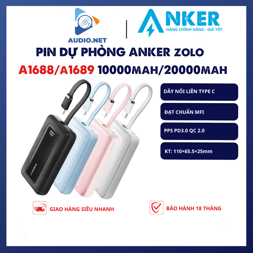 Pin Sạc Dự Phòng Anker Zolo 30W 20000mAh (A1688/A1689) Kèm Dây Type - C 2 cổng - PD/QC/PPS - Bảo Hành 18 Tháng.