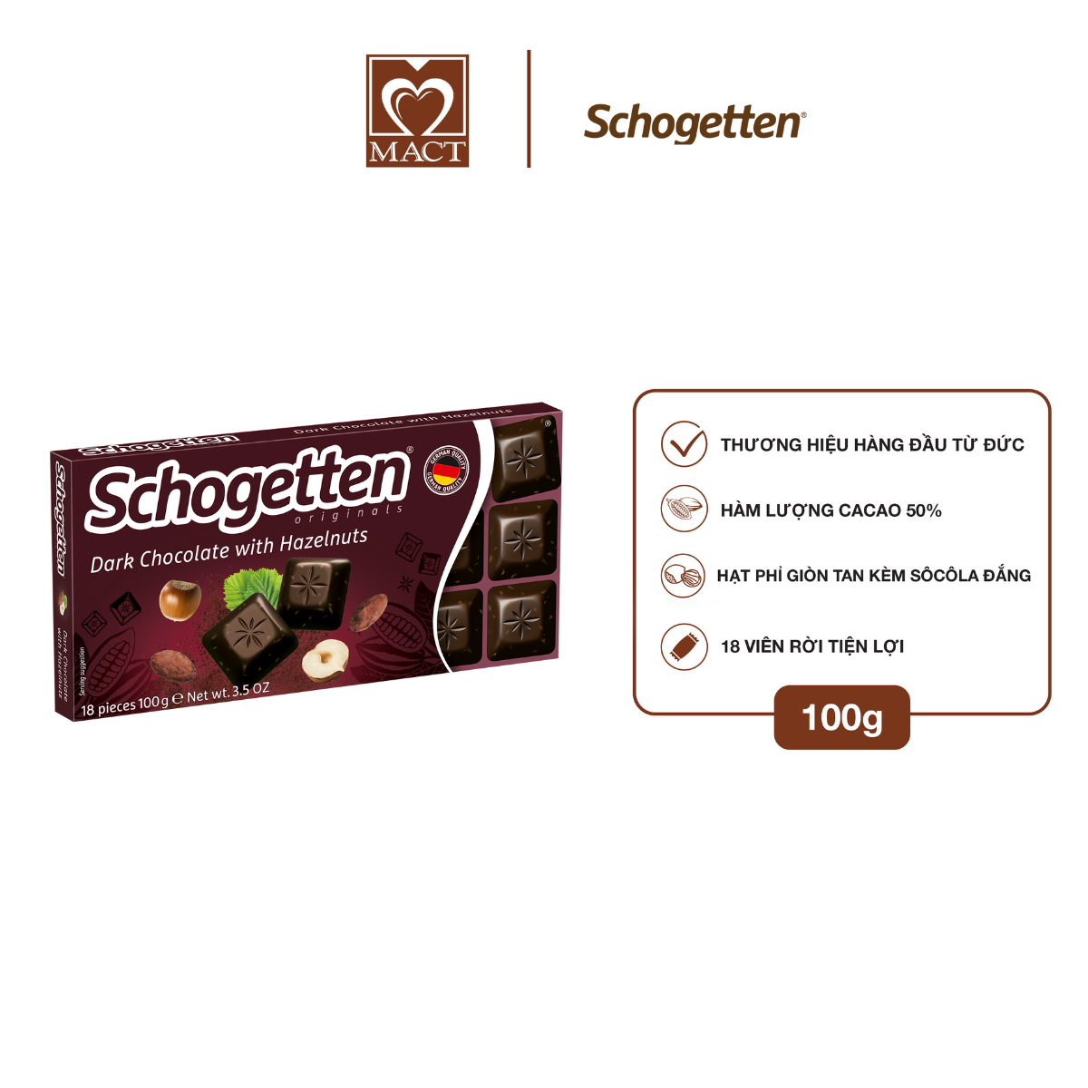  Sôcôla SCHOGETTEN - Vị đắng nhân hạt phỉ - thanh 100g gồm 18 viên rời 