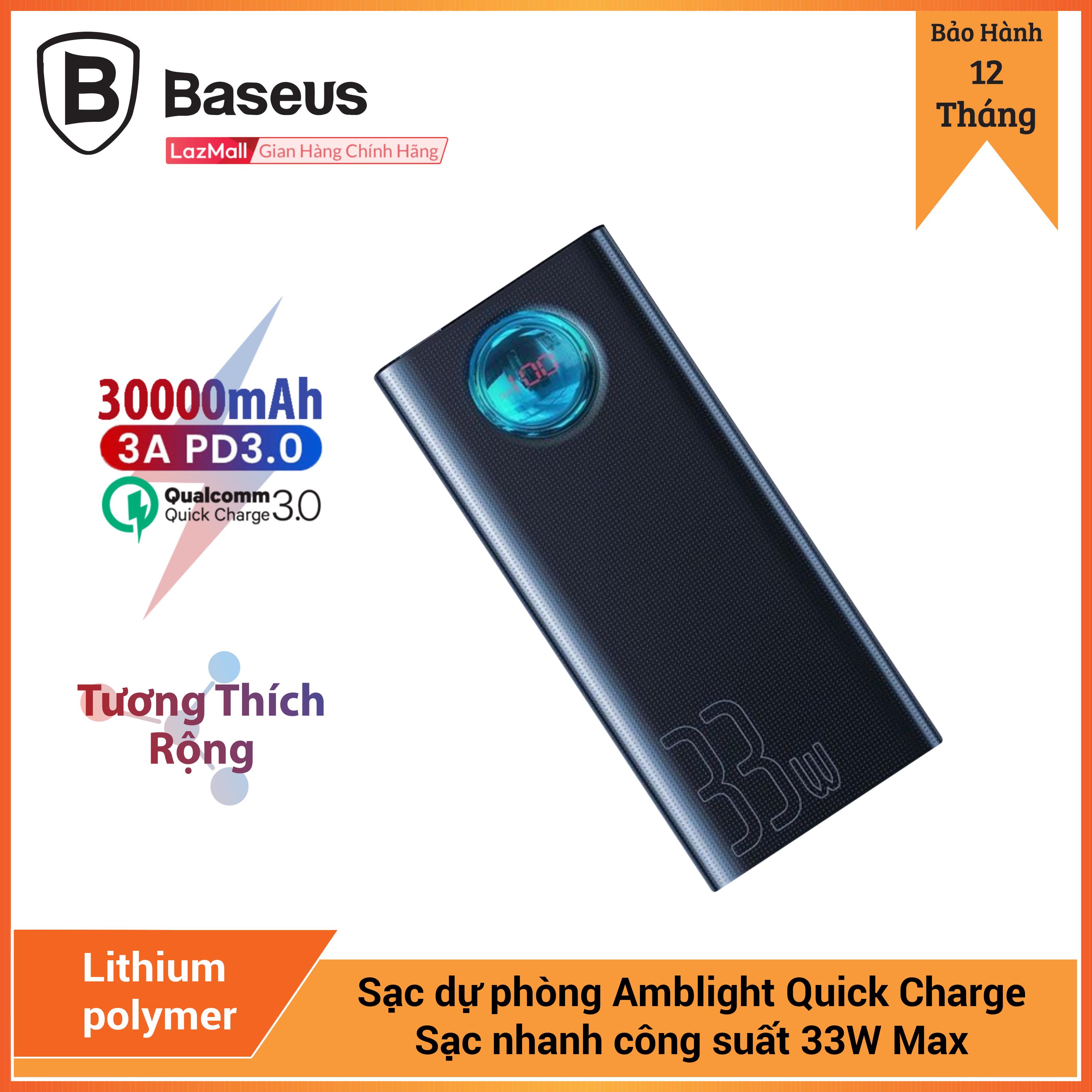 Pin sạc dự phòng 30,000mAh Baseus Amblight Quick Charge Digital Display Power Bank PD3.0 + QC3.0 (3 Input + 5 Output), hỗ trợ sạc nhanh lên đến 33W dành cho Macbook, Tablet, Smartphone