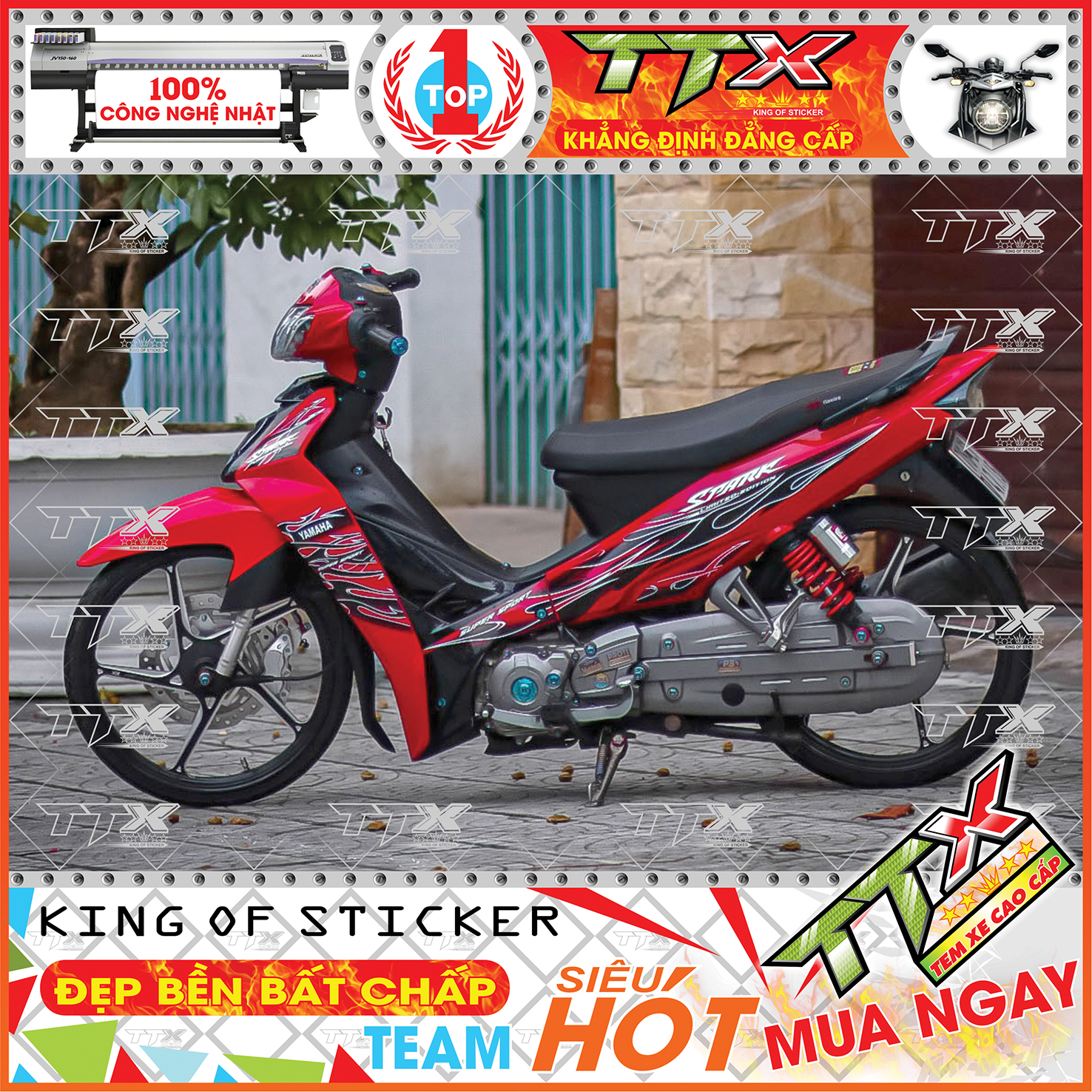 Tem sirius đỏ đen mới - tem lửa sirius siêu đẹp đen đỏ spark 50 - 110cc hót