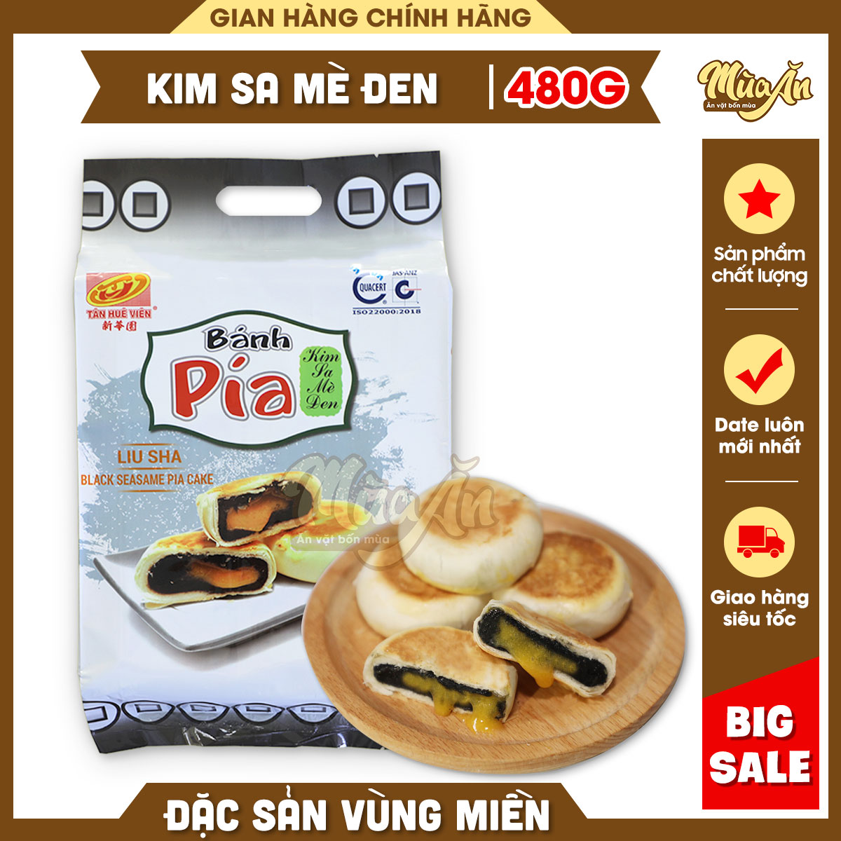 Bánh Pía Kim Sa mè đen trứng tan chảy, Bánh Pía Sóc Trăng Tân Huê Viên 480g, bánh pía mini