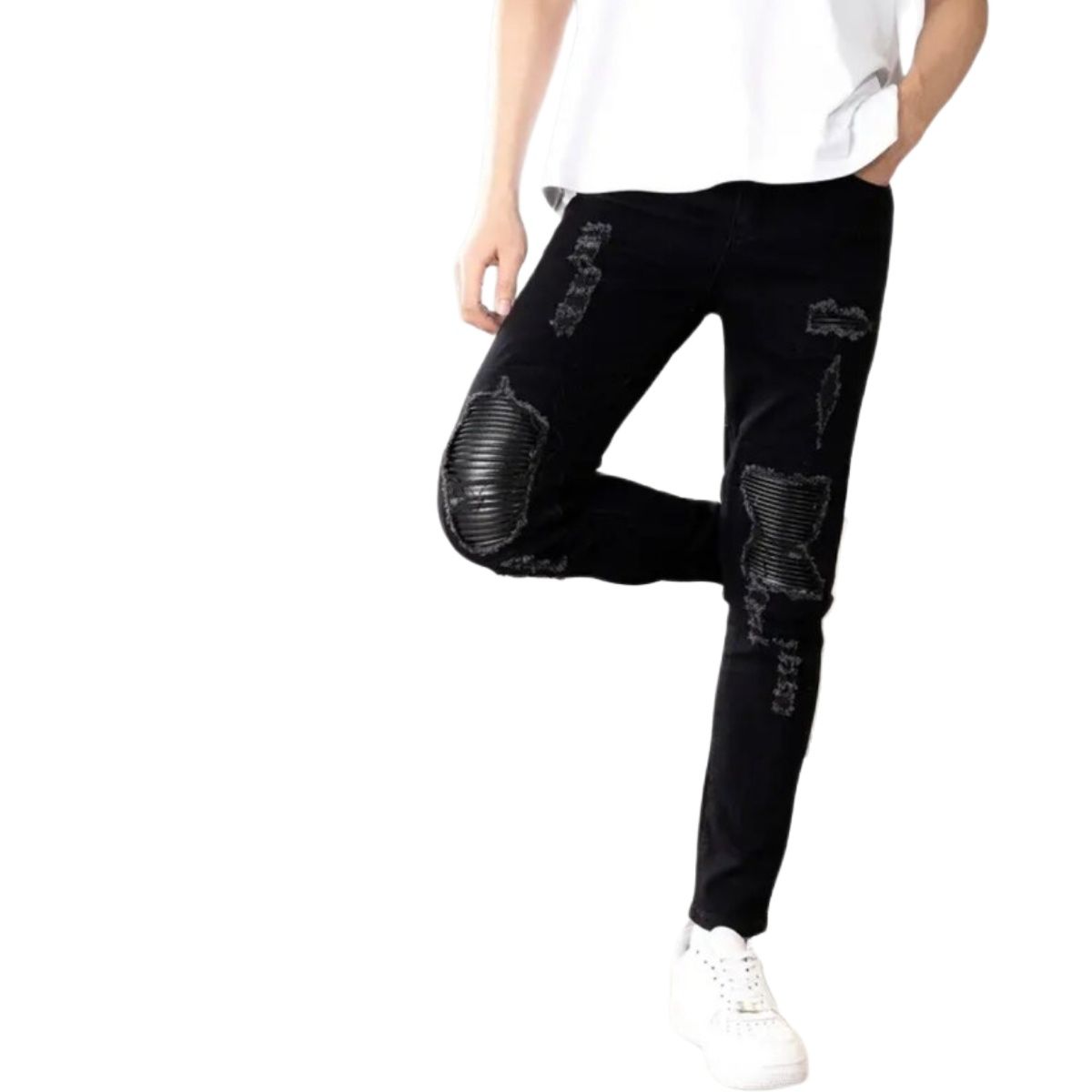 Quần jean nam đen vá da chất vải bò cao cấp from ôm ống côn NUBA96