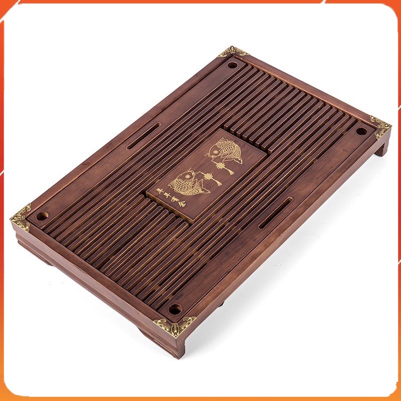 Khay trà, khay để ấm chén gằng gỗ, có nẹp viền đồng 4 góc, kích thước 43x28x5.5 cm