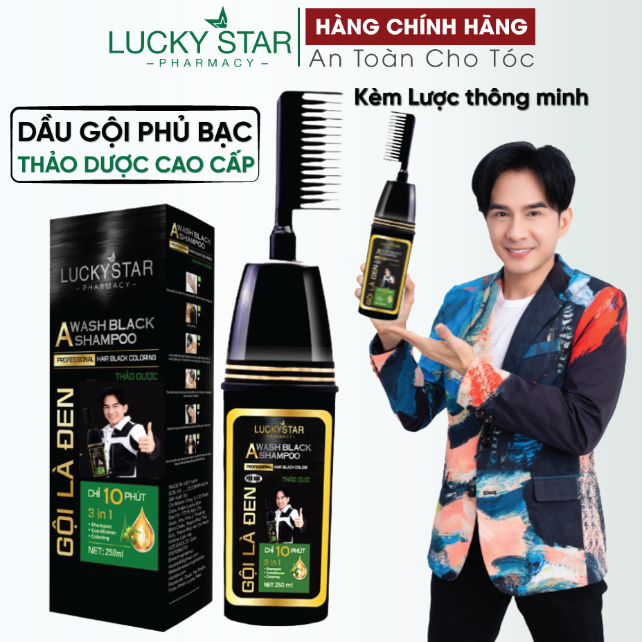 Gội Là Đen Thảo Dược Chai Lược [Chính Hãng Lucky Star ] cao cấp. Dầu gội phủ bạc thảo dược chiết xuất nhân sâm giúp tóc đen tự nhiên, khỏe mạnh. Chai nhuộm tóc có lược. Dầu gội nhuộm tóc trong 10 phút ngay tại nhà