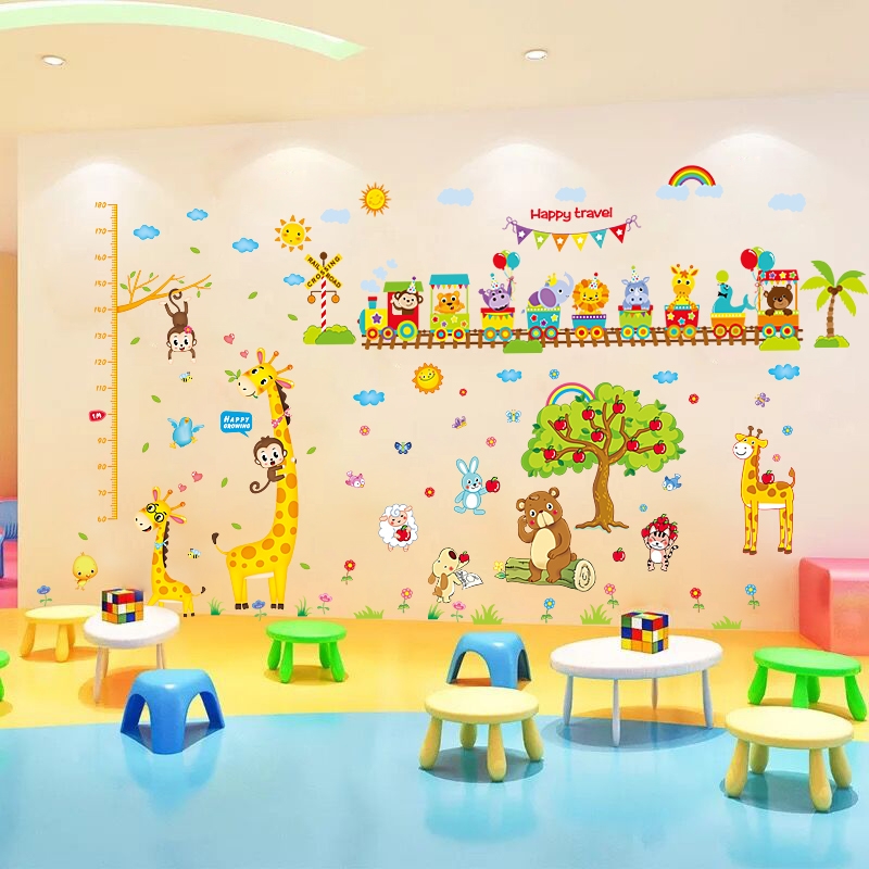 Decal dán tường trang trí trẻ em: Combo động vật hái táo đỏ và đoàn tàu, hươu đo chiều cao