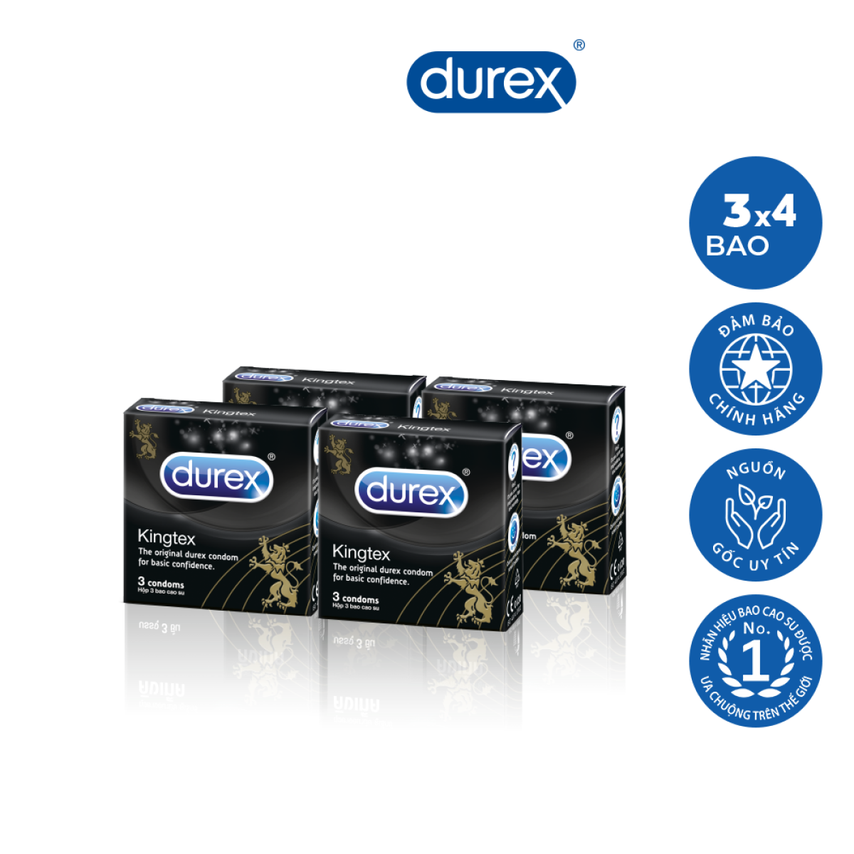 Combo 4 hộp bao cao su Durex Kingtex 3 bao - 4 hộp 12 bao