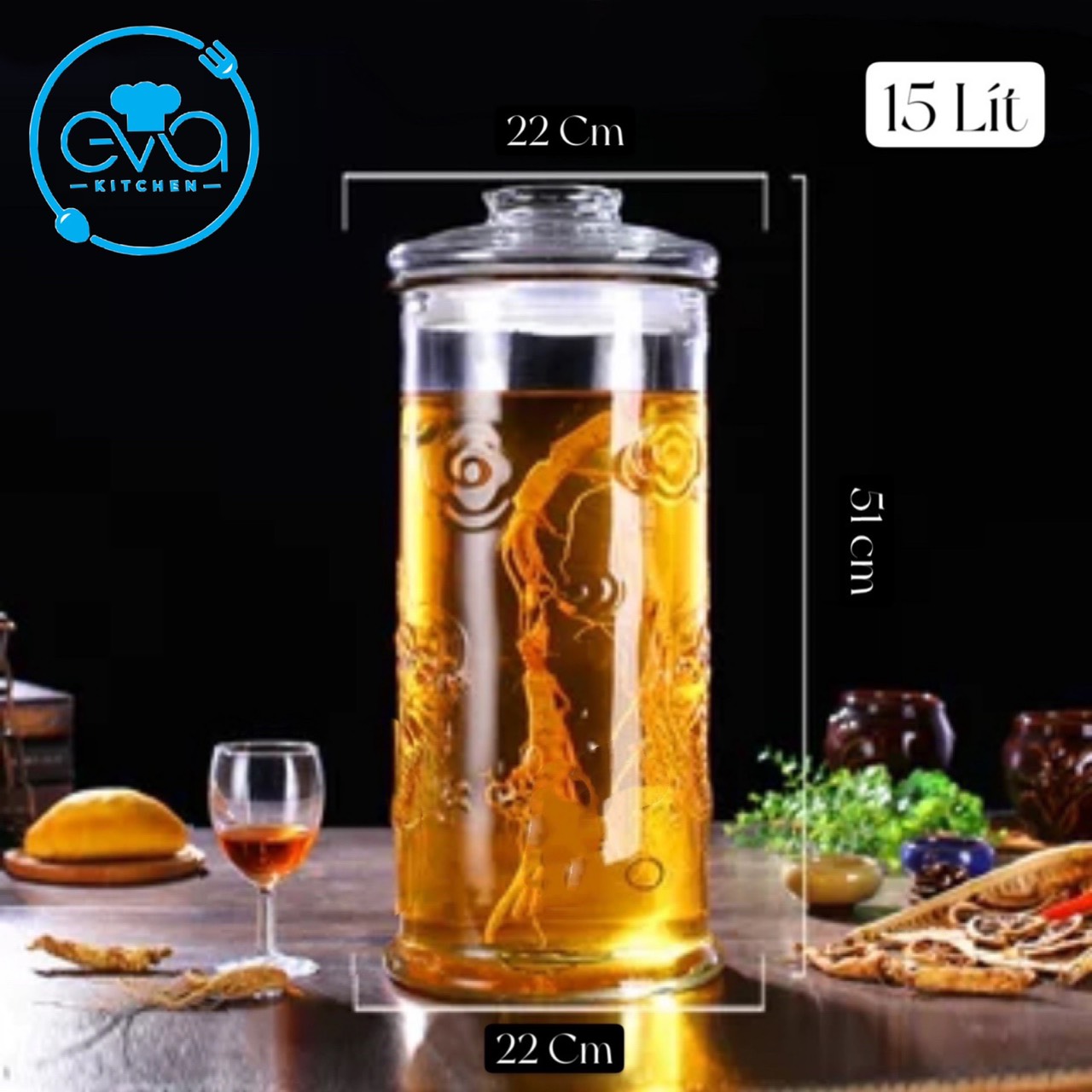 Bình ngâm thuỷ tinh 15 lít dáng trụ hoa văn rồng - tr15l m1095