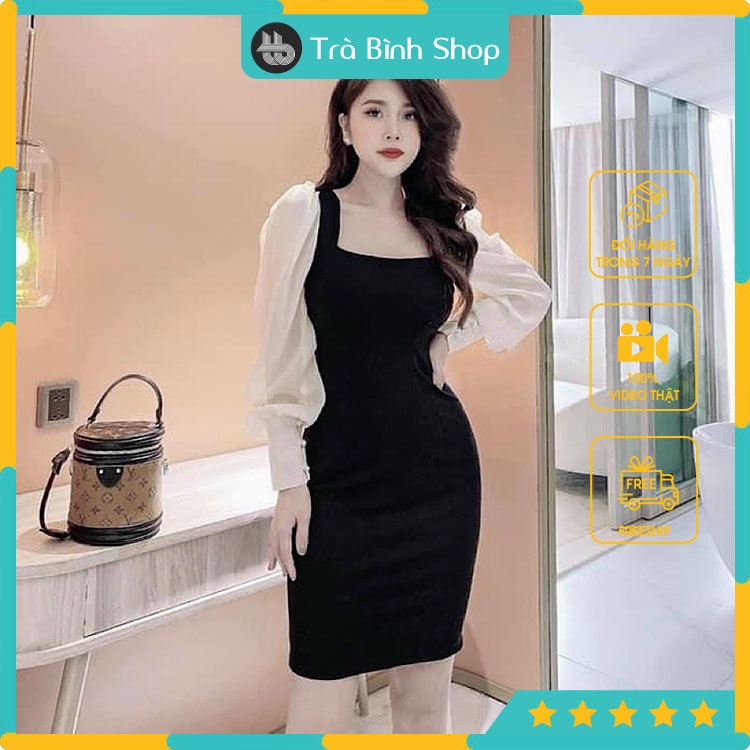 Đầm suông cổ vuông Váy body dài tay phối đen trắng