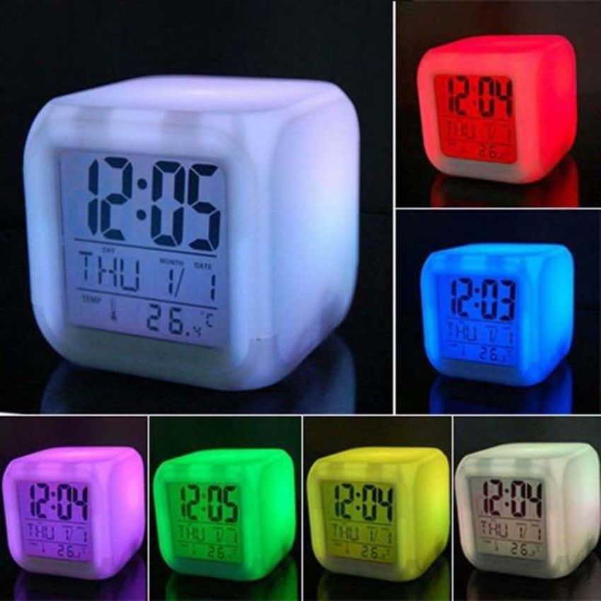 Đồng hồ để bàn - xem lịch - đo nhiệt độ - kiểu vuông đổi 7 màu home technology