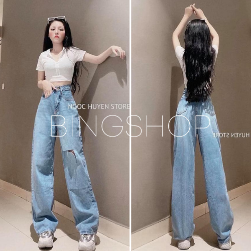 Quần jeans nữ , quần bò suông ống rộng Unisex rách gối màu xanh dáng dài vải dày đẹp freeship