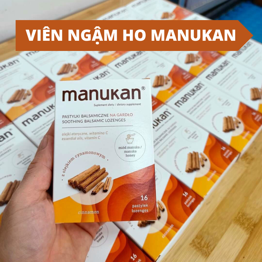 Viên ngậm ho Manukan Cinnamon hỗ trợ giảm ho, bổ phổi hộp 16 viên, kẹo ngậm ho Manukan Ba Lan